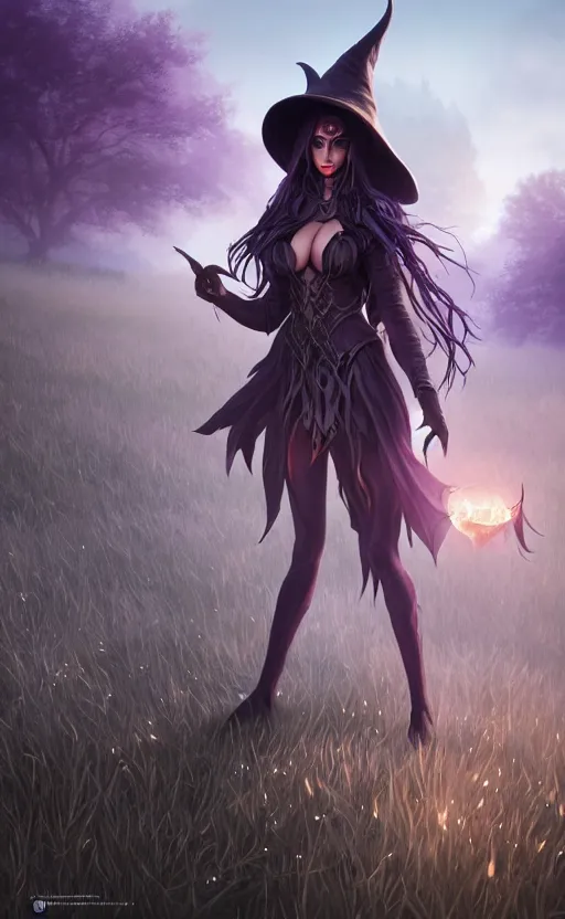 Image similar to medium shot of dark elf witch in field, sunny, highly detailed, d & d, fantasy, highly detailed, digital painting, trending on artstation, concept art, sharp focus, illustration, global illumination, ray tracing, realistic shaded, art by artgerm and greg rutkowski and fuji choko and viktoria gavrilenko and hoang lap