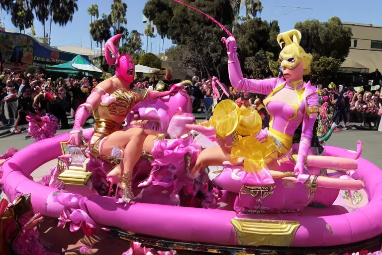 Image similar to Angelyne fights Scorpion from Mortal Kombat on a float at the Rose Parade, painted by mark ryden,