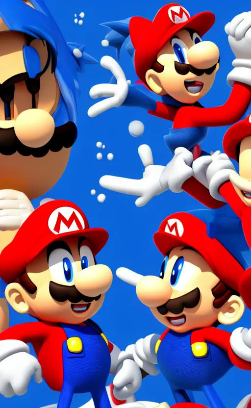 Image similar to a 3 d render of sonic hugging mario