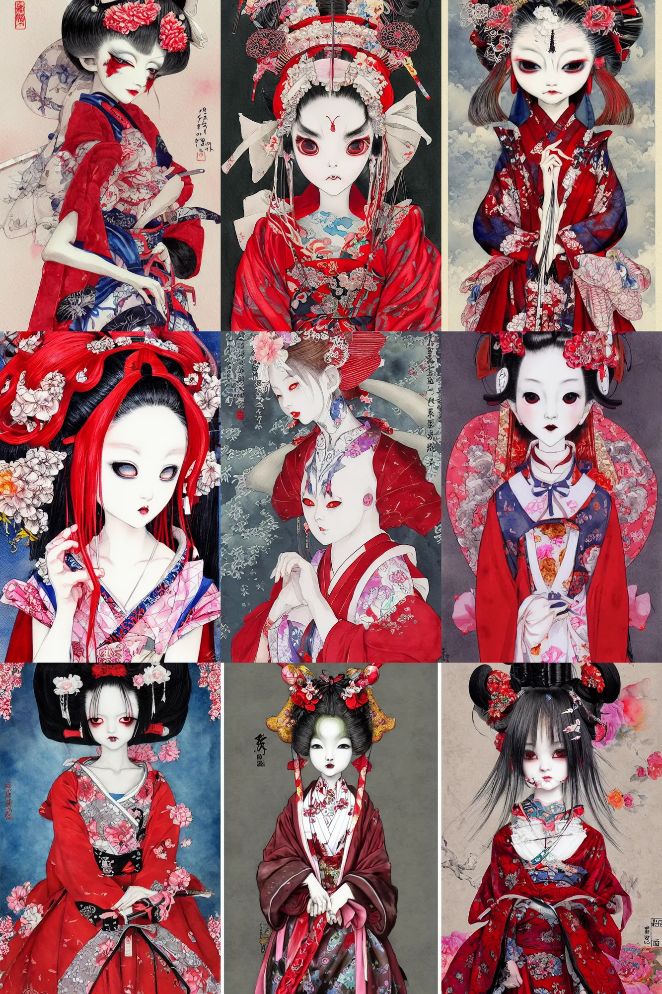 Prompt: watercolor painting of a japanese bjd geisha oni demon with a long neck in a victorian lolita fashion red dress in the style of dark - fantasy painted by yoshitaka amano, hikari shimoda, ayami kojima, dmt art, symmetrical vogue face portrait, intricate detail, artstation, cgsociety, artgerm, rococo
