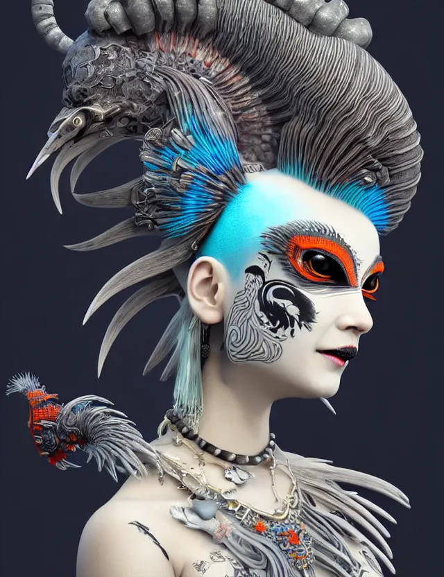 Image similar to 3 d goddess close - up profile simple portrait punk with mohawk with ram skull. beautiful intricately detailed japanese crow kitsune mask and clasical japanese kimono. betta fish, jellyfish phoenix, bio luminescent, plasma, ice, water, wind, creature, artwork by tooth wu and wlop and beeple and greg rutkowski