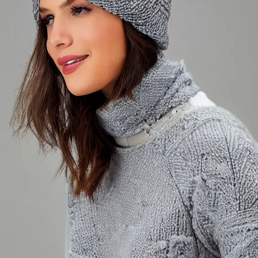 Prompt: a grey knit beanie with a zig-zag brim, like a crown