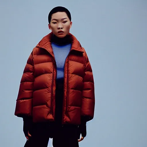 Image similar to realistic photoshooting for a new balenciaga lookbook, color film photography, portrait of a blonde asian woman, model wearing a puffer jacket, photo in style of tyler mitchell, 3 5 mm,