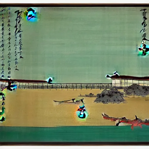 Image similar to a chinese prison near a river by peter doig : : 1 and ukiyo - e : : 0. 1, muted colors