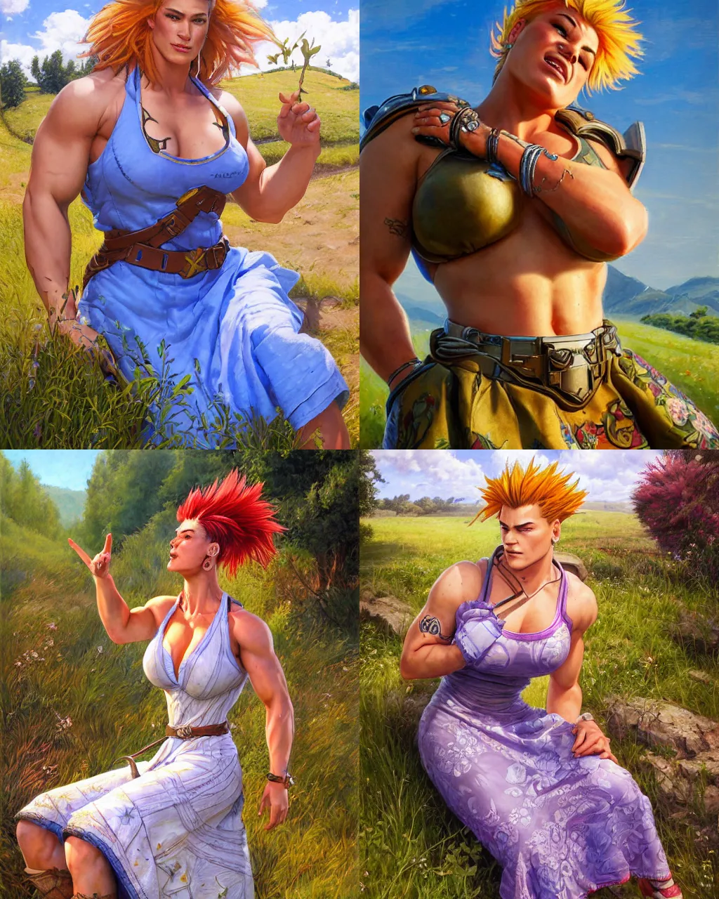 Prompt: portrait, zarya from overwatch wearing a beautiful summer dress in the countryside, by greg staples and jeff easley, bulky and strong, beautiful scene, hyperrealistic, intricate, summer day, sunlight, cheerful, soft lighting, detailed