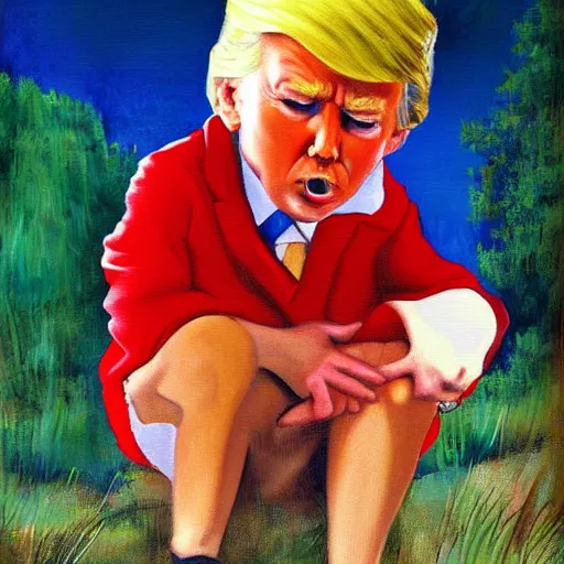 Prompt: donald trump as a little boy in tears, kitschy painting