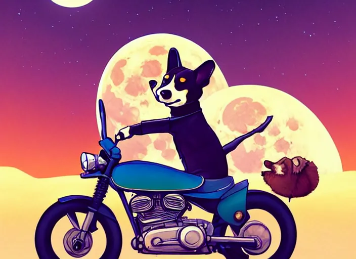 Prompt: a cell shaded cartoon corgi riding a motorcycle, with a big head, on a desert road, wide shot, in front of a big moon, muted colors, post grunge, josan gonzales, wlop, by james jean, victor ngai, hq, deviantart, art by artgerm