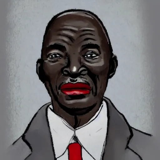 Image similar to a fatherly, aquiline nose, wide forehead, round face, XXL , loving, caring, generous, ever-present, humble, wise elder from Kenya with a friendly expression in a grey suit and red tie painted by Kara Walker. Fatherly/daddy, focused, loving, leader, relaxed,. ethereal lights, details, smooth, sharp focus, illustration, realistic, cinematic, artstation, award winning, rgb , unreal engine, octane render, cinematic light, macro, depth of field, blur, red light and clouds from the back, highly detailed epic cinematic concept art CG render made in Maya, Blender and Photoshop, octane render, excellent composition, dynamic dramatic cinematic lighting, aesthetic, very inspirational, arthouse.