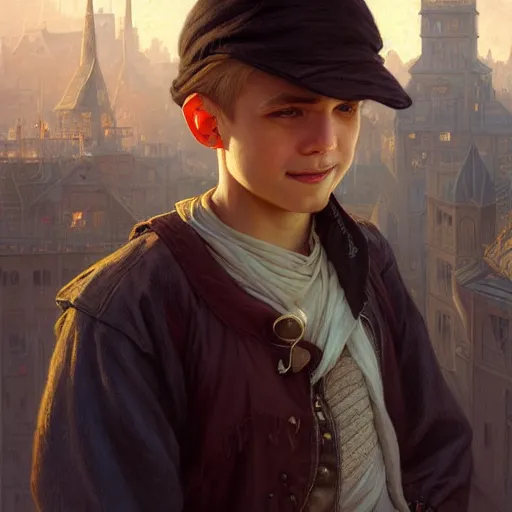 Prompt: portrait of a young boy thief in the slums of a fantasy city, dirty blonde hair, d & d, fantasy, joyful smirk, intricate, elegant, highly detailed, digital painting, artstation, concept art, matte, sharp focus, illustration, art by artgerm and greg rutkowski and alphonse mucha