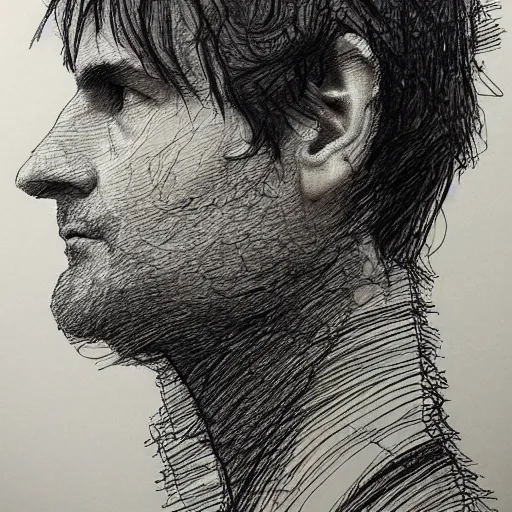 Prompt: a realistic yet scraggly portrait sketch of the side profile of a stern and sophisticated ben gibbard, trending on artstation, intricate details, in the style of frank auerbach, in the style of sergio aragones, in the style of martin ansin, in the style of david aja, in the style of mattias adolfsson