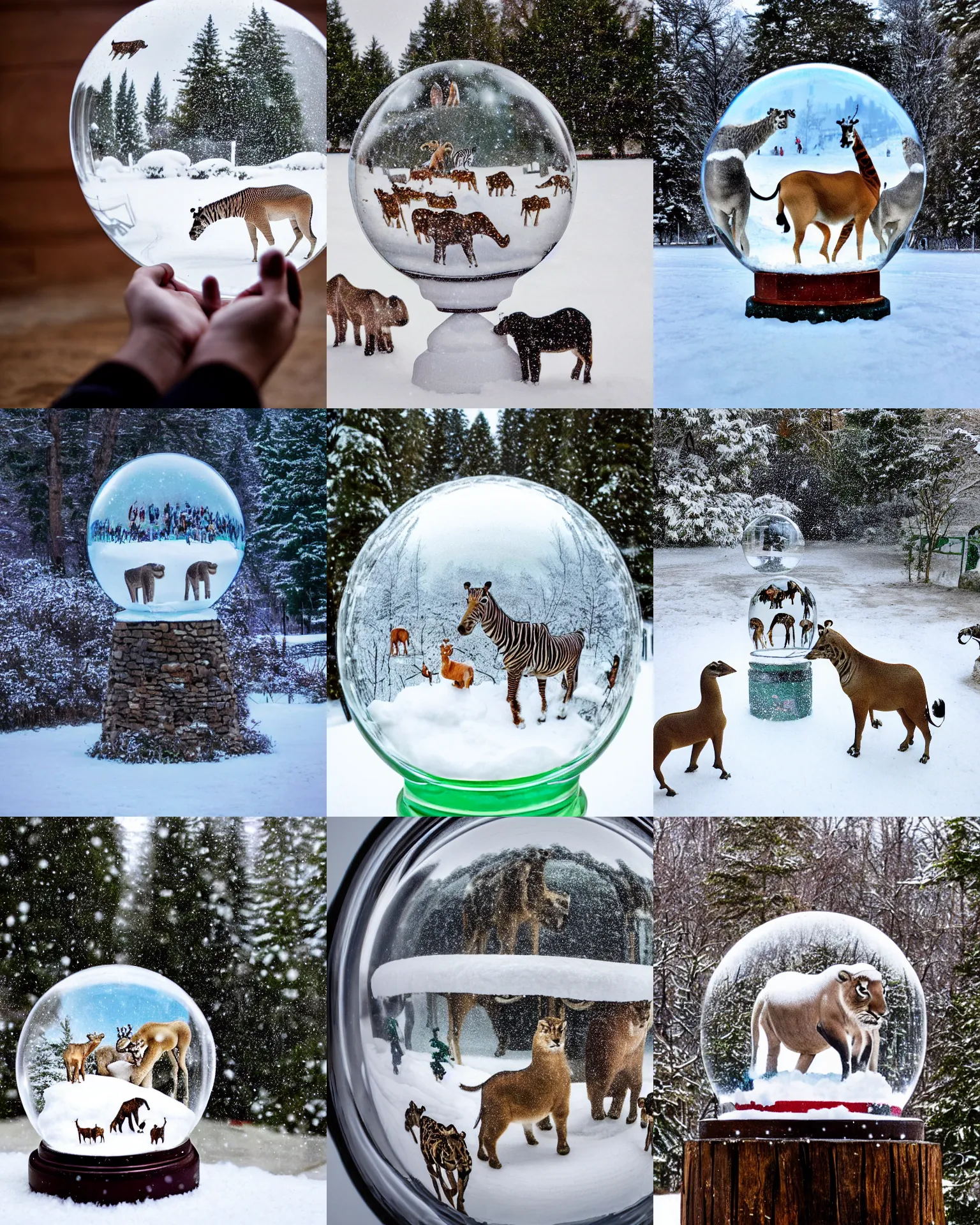 Prompt: a photo of a whole zoo inside a snowglobe