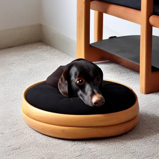 Prompt: wooden luxurious dog bed inspired by Marcel Breuer