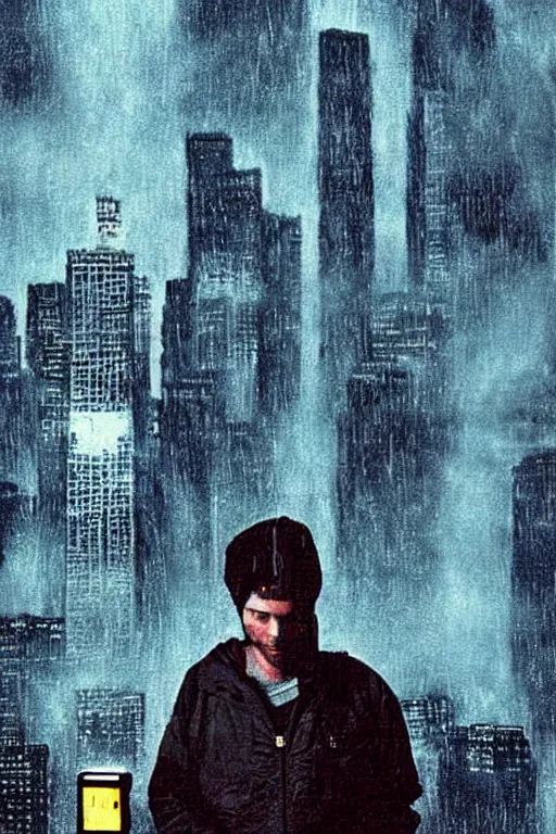 Image similar to an award - winning movie poster for a movie called senor featuring a junkie making a payphone call in a thunderstorm in queens at night in the 1 9 9 0 s with the new york city skyline in the distance