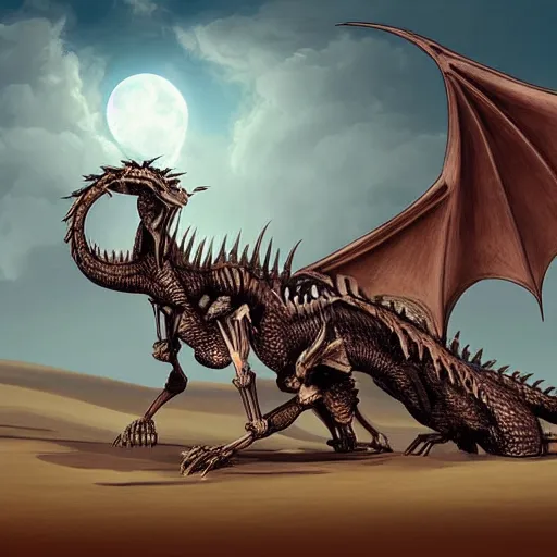 Image similar to “a huge skeleton of a dragon lying in the sands of the desert, atmospheric, concept art, high quality”