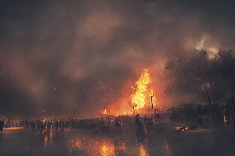 Image similar to the most amazing dream you ever had about bonfire party under rain, nature with eerie dark cloud,, hyper realistic, ambient lighting, concept art, intricate, hyper detailed, smooth, dynamic volumetric lighting, octane, cinematic