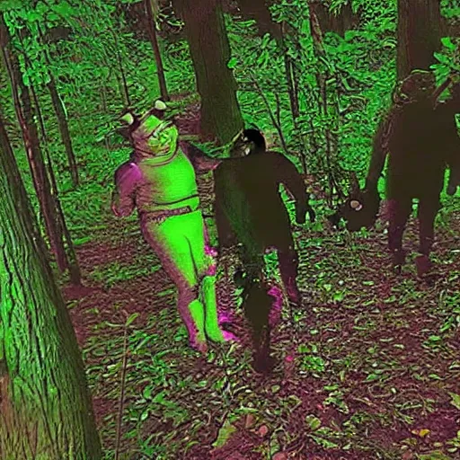 Image similar to shrek trail cam, night vision, scary, found footage