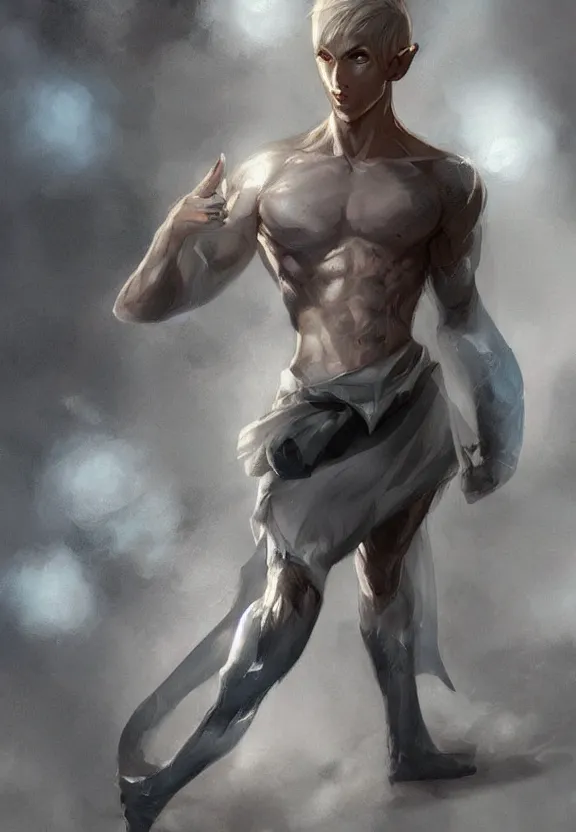 Image similar to a cute calm handsome young adult male muscular slim blu skin elf with grey light tight clothes concept art in the style of lee bermejo and greg rutkowski