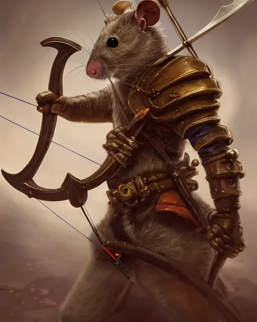 Image similar to closeup 2 8 mm anthropomorphic archer rat using a crossbow in a castle, d & d, fantasy, intricate, action pose, particle effects, highly detailed, digital painting, artstation, concept art, matte, sharp focus, volumetric lighting, illustration, hearthstone, art by artgerm, wlop, craig mullins, alphonse mucha