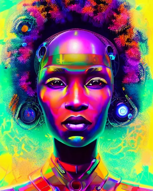 Image similar to colorful portrait of a futuristic black woman hippie with cybernetics and a natural hair style | highly detailed | very intricate | symmetrical | professional model | cinematic lighting | award - winning | painted by rossdraws and wlop and artgerm | pan futurism, dystopian, bold psychedelic colors, cyberpunk, anime aesthestic | featured on artstation