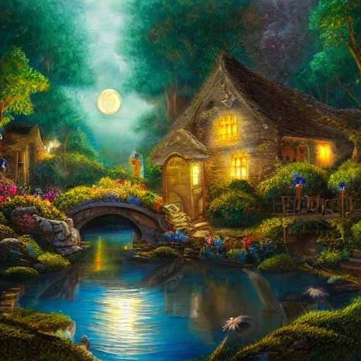 Image similar to realist painting, high detail, woodland village, in the night, fantasy, crescent moon, stone paths, bridge, water stream, luminous, toadstools, fireflies, fantasy,, flowers, waterfall, lanterns, mist, highly detailed painting, fine lines, 8 k realistic, sharp focus