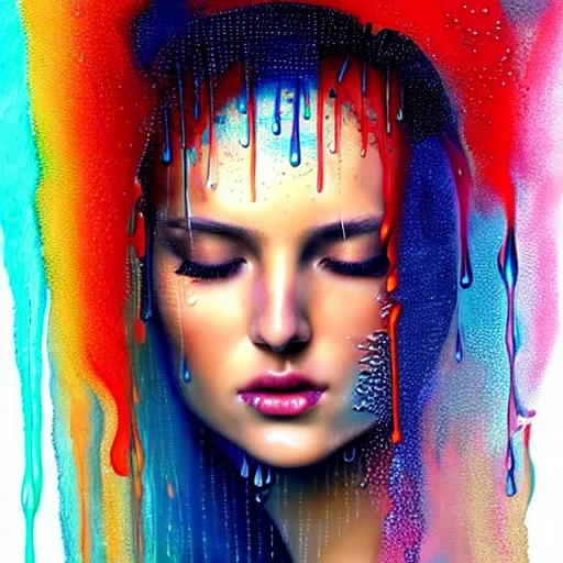 Image similar to dramatic portrait of revelation in uniquely colored rain with wet hair and face, liquid drops, epiphany, bliss, fantasy, intricate, elegant, dramatic lighting, highly detailed, lifelike, photorealistic, digital painting, artstation, concept art, smooth, sharp focus, illustration, art by John Collier and Albert Aublet and Krenz Cushart and Artem Demura and Alphonse Mucha