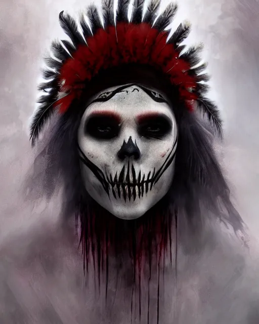 Image similar to the ghost - spirit of the grim - warpaint wears the scarlet skull armor and native blood headdress feathers, midnight fog - mist!, dark oil painting colors, realism, cinematic lighting, various refining methods, micro macro autofocus, ultra definition, award winning photo