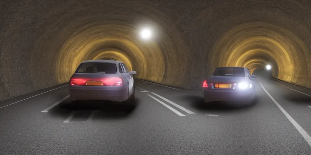 Image similar to a car driving through a tunnel at night, there's a girl standing on the car and two boys are driving the car, strobe light, realistic, 8 k