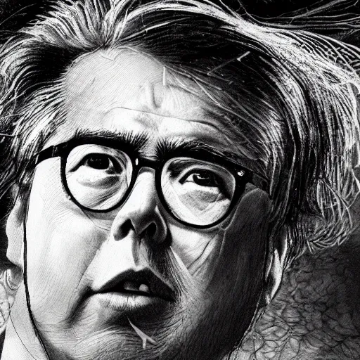 Image similar to Yoshitaka Amano realistic illustration of jeb bush ,hair fluttering in the wind, cracks on his face, square jaw, abstract black and white patterns on the background, noisy film grain effect, highly detailed, Renaissance oil painting, weird portrait angle, blurred lost edges, three quarter view