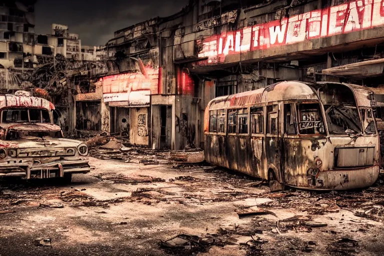 Image similar to low wide angle shot of dilapidated fallout 5 miami, tropical coastal city, desolate, dilapidated neon signs, few rusted retro futuristic vintage parked vehicles like cars, buses, trucks, trams, volumetric lighting, photorealistic, foggy, rain daytime, autumn, overcast weather, sharp focus, ultra detailed, 4 0 0 0 k