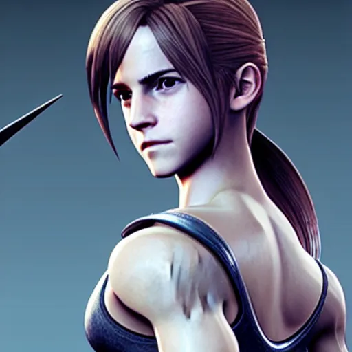 Image similar to emma watson in final fantasy vii remake, hair in a ponytail, character render, full body shot, highly detailed, in game render