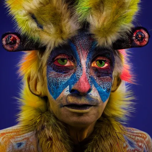 Prompt: a photography of a shamanic creature with big painted eyes and multiple layers of fabric and fur by charles freger