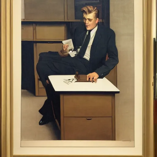 Prompt: man in desk with coffee and black suit by leyendecker and dean cornwell, 8 feet from the camera, 6 0 ´ s bauhaus design futurist furniture