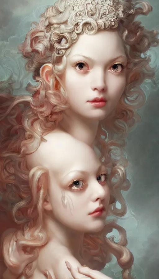 Prompt: pop surrealism, rococo, baroque hair, angelic young female seductive - fine - face, pretty face, key visual, realistic shaded perfect face, fine details by stanley artgerm lau, wlop, nekro, james jean, andrei riabovitchev, marc simonetti, and sakimichan, trending on artstation