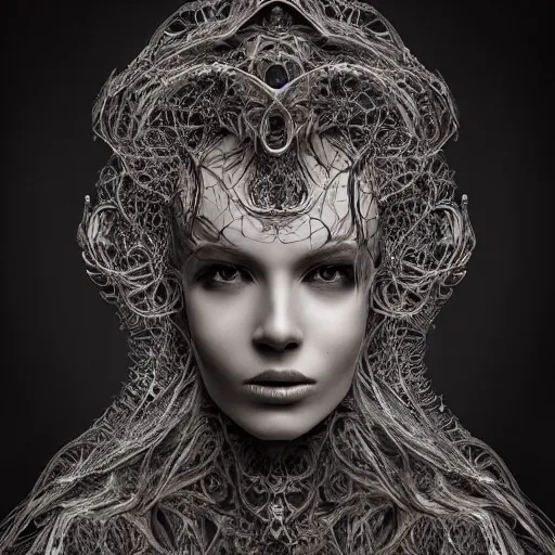 Prompt: a female model by stefan geselle and nekro borja, photorealistic, biomechanical, fractal fiberglass tendrils, intricate details, hyper realistic, ornate headpiece, dark beauty, photorealistic, canon r 3, photography, wide shot, photography, dark beauty, symmetrical features