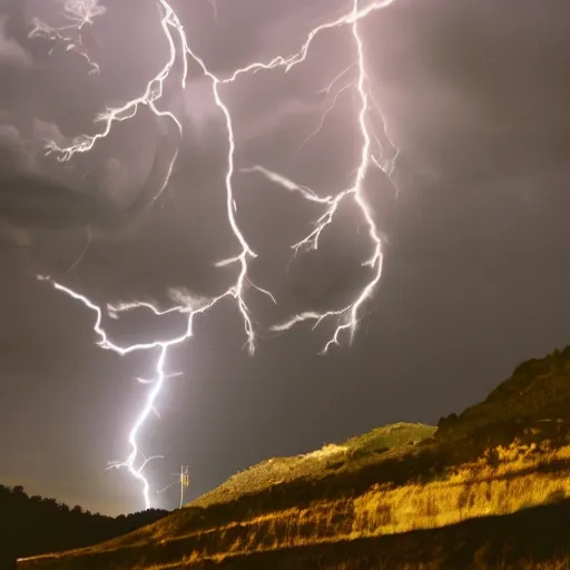 Image similar to a sky god casting lightning down upon a village