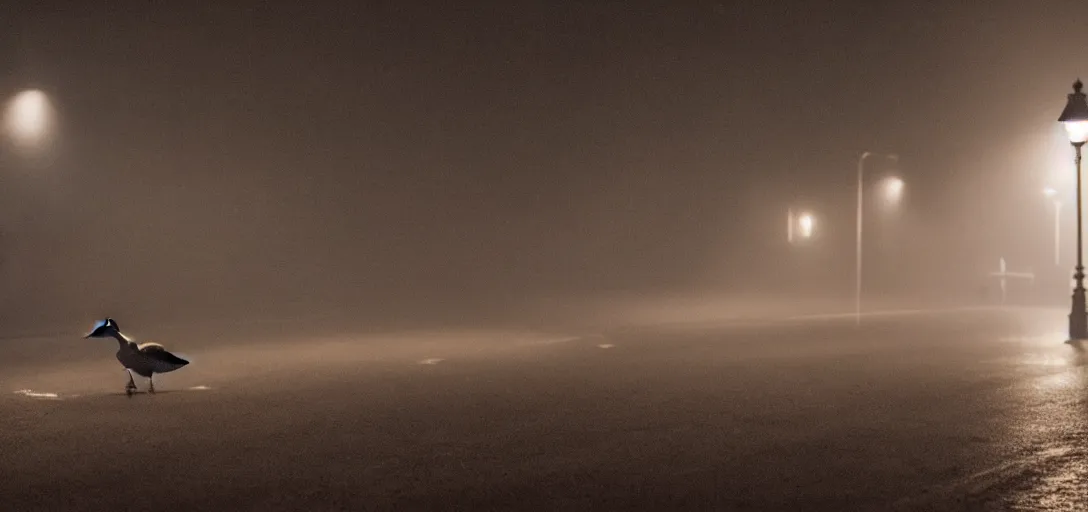 Image similar to close - up of a lonely duck under a street light, fog, cinematic shot, still from a movie by bong joon - ho