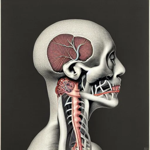 Prompt: surreal lung head anatomical atlas dissection center cut, lithography on paper conceptual figurative ( post - morden ) monumental dynamic soft shadow portrait drawn by hogarth and escher, inspired by goya, illusion surreal art, highly conceptual figurative art, intricate detailed illustration, controversial poster art, polish poster art, geometrical drawings, no blur