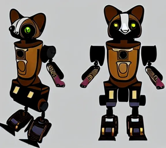 Prompt: futuristic steampunk ferret - shaped mech, steampunk ferret - robot, borderlands - inspired ferret - shaped robot