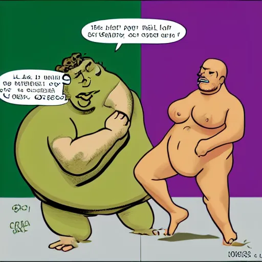Prompt: a photo of an extremely tiny green fat man in a swimsuit is fighting a purple fat man in a thong.