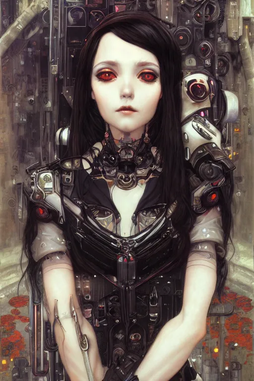 Image similar to portrait of beautiful young gothic maiden, cyberpunk, Warhammer, highly detailed, artstation, illustration, art by Gustav Klimt and Range Murata and Ilya Kuvshinov and RossDraws