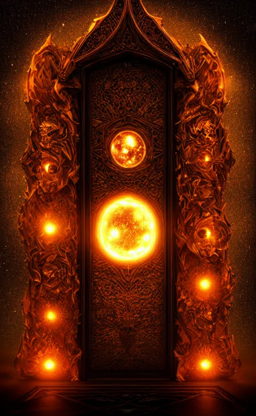 Image similar to a ornamental gate into stars a demon emerges from it, ornament, intarsia, portal, doorway, dynamic lighting, ambient lighting, atmospherical, photorealistic fantasy concept art, trending on art station, stunning visuals, creative, cinematic, ultra detailed