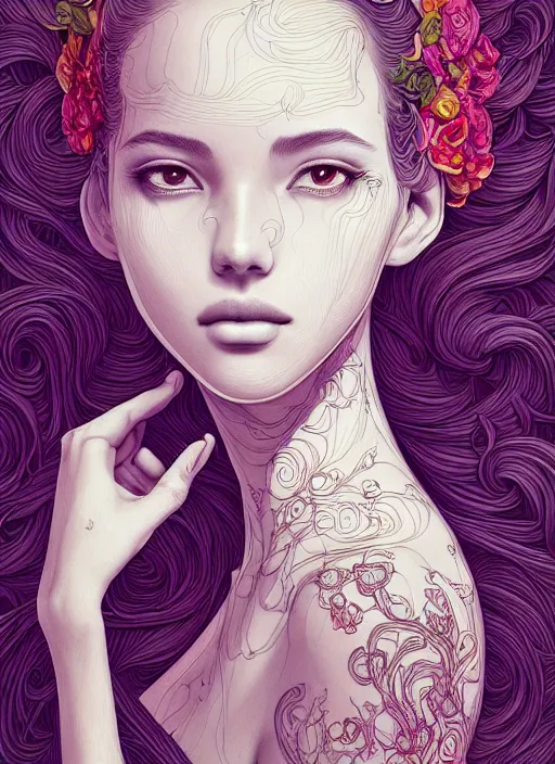 Image similar to the portrait of an unbelievably beautiful, elegant, sensual, and sophisticated young woman, an ultrafine detailed illustration by james jean, intricate linework, bright colors, final fantasy, behance contest winner, vanitas, angular, altermodern, unreal engine 5 highly rendered, ethereal, ominous, detailed and intricate environment