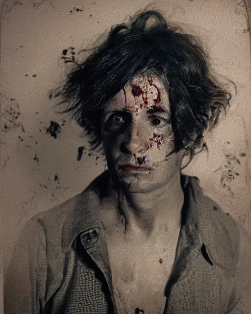 Image similar to an instant photo of a handsome but creepy man in layers of fear in devonshire, with haunted eyes and wild hair, 1 9 7 0 s, seventies, wallpaper, moorland, a little blood, moonlight showing injuries, delicate embellishments, painterly, offset printing technique, by mary jane ansell
