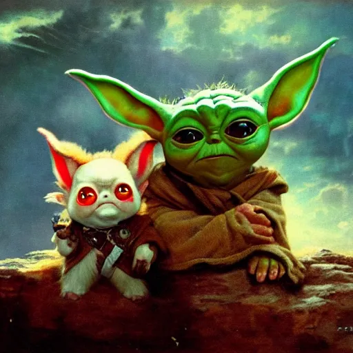 Prompt: gizmo mogwai and baby yoda are best friends, cinematic composition, epic dramatic lighting, realistic, hyperdetailed, photorealistic, photograph, epic scale by gaston bussiere