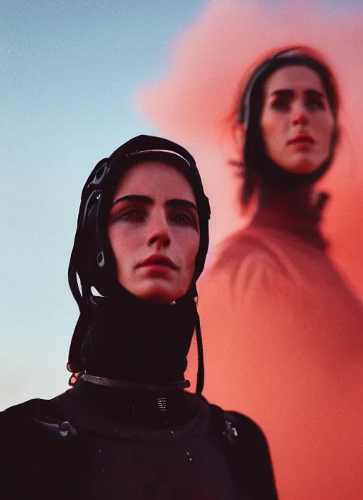 Image similar to cinestill 5 0 d photographic portrait of two sultry loving female androids wearing rugged black techwear on a desolate plain with a red sky, extreme closeup, cyberpunk style, garters, dust storm, 8 k, hd, high resolution, 3 5 mm, f / 3 2, ultra realistic faces, ex machina