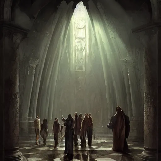 Prompt: epic masterpiece of cinematographic hyperrealism where a group of archeologists appears in front of a large vampire tower. realistic shaded lighting poster by craig mallismo, artgerm, jeremy lipkin and michael garmash, unreal engine, radiant light, detailed and intricate environment, digital art, art station trends, horror, night, darkness