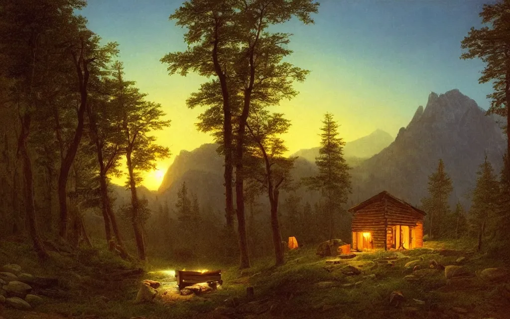 Image similar to small wood cabin with a small campfire on the edge of a forest overlooking a beautiful valley at dusk, sunset in the distance, mountainous backdrop, cinematic lighting, intricate ink illustration, by albert bierstadt