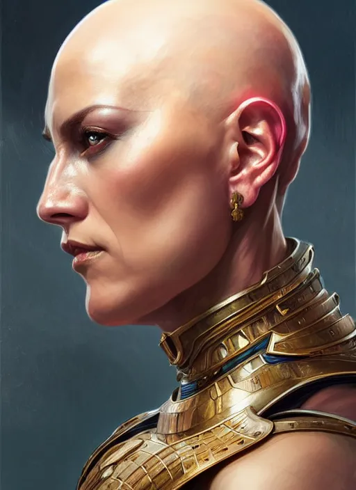 Image similar to Symmetry!! portrait of a bald woman, warrior in armour, muscular, fantasy, intricate, elegant, highly detailed, digital painting, artstation, concept art, smooth, sharp focus, illustration, art by artgerm and greg rutkowski and alphonse mucha