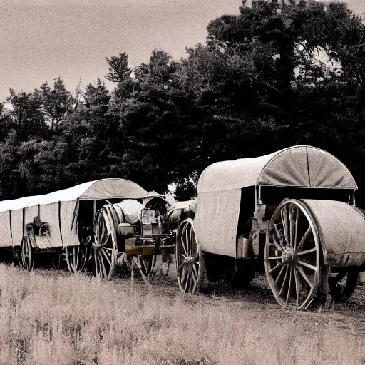 Image similar to a monochromatic sepia photograph of a delorean traveling with covered wagons and cattle on the oregon trail, trending on art station,