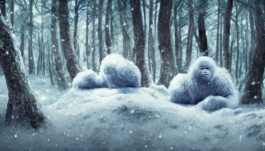 Image similar to baby yeti in the snowy forest by grant morrison, hyperdetailed, artstation, cgsociety, 8 k